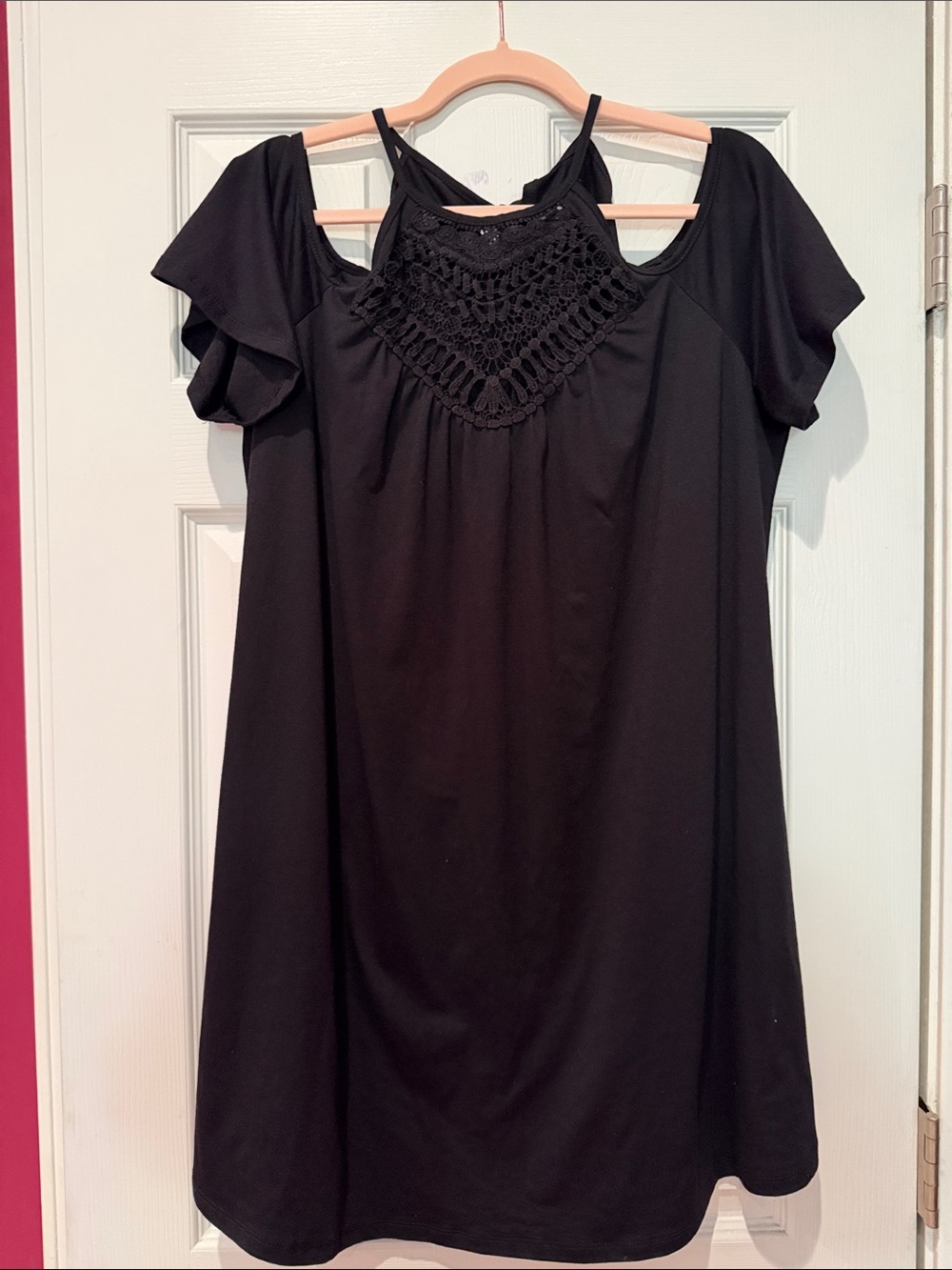 SHEIN Black Cold-Shoulder Crochet Yoke Mini Dress